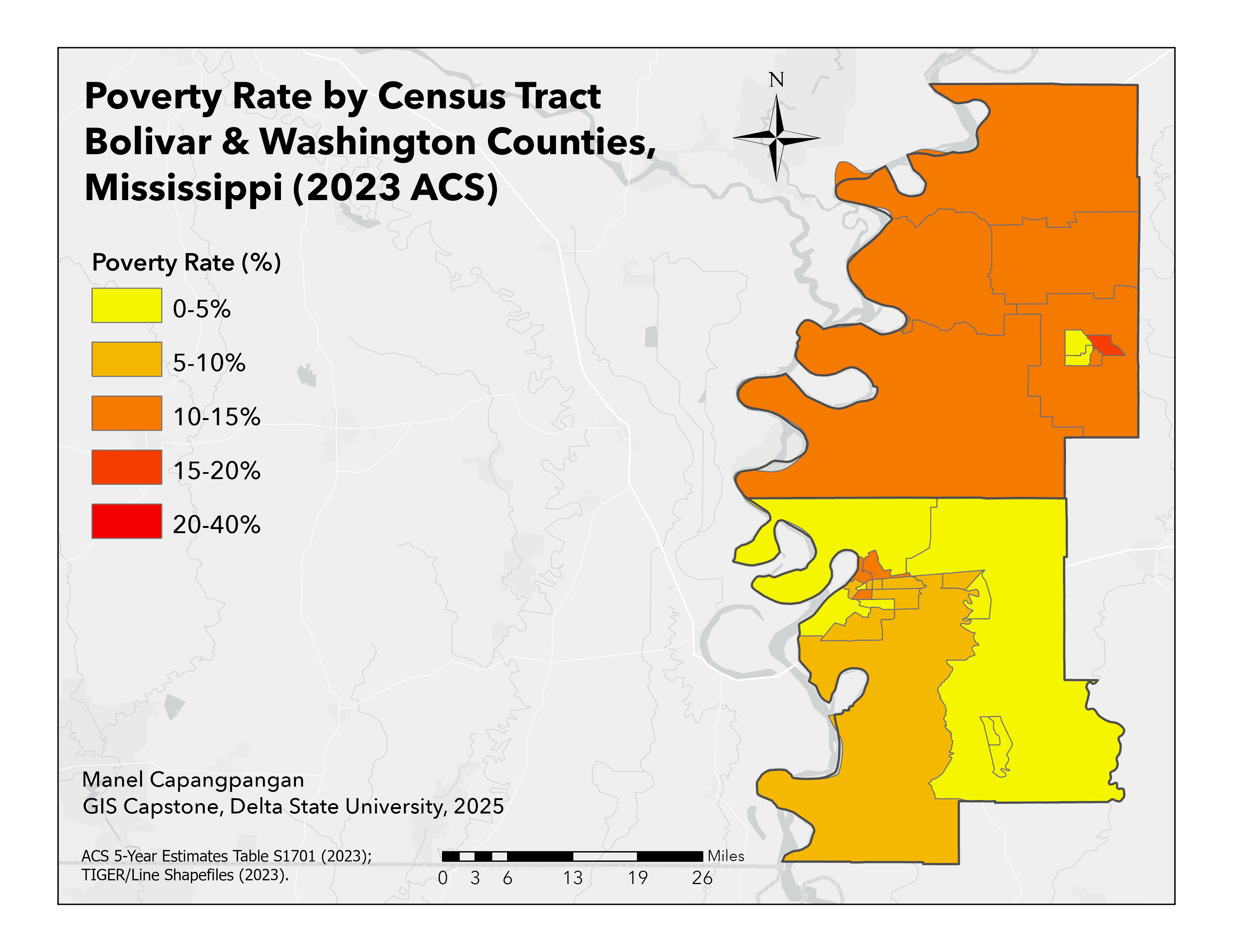 Poverty rate by census tract in Bolivar and Washington Counties