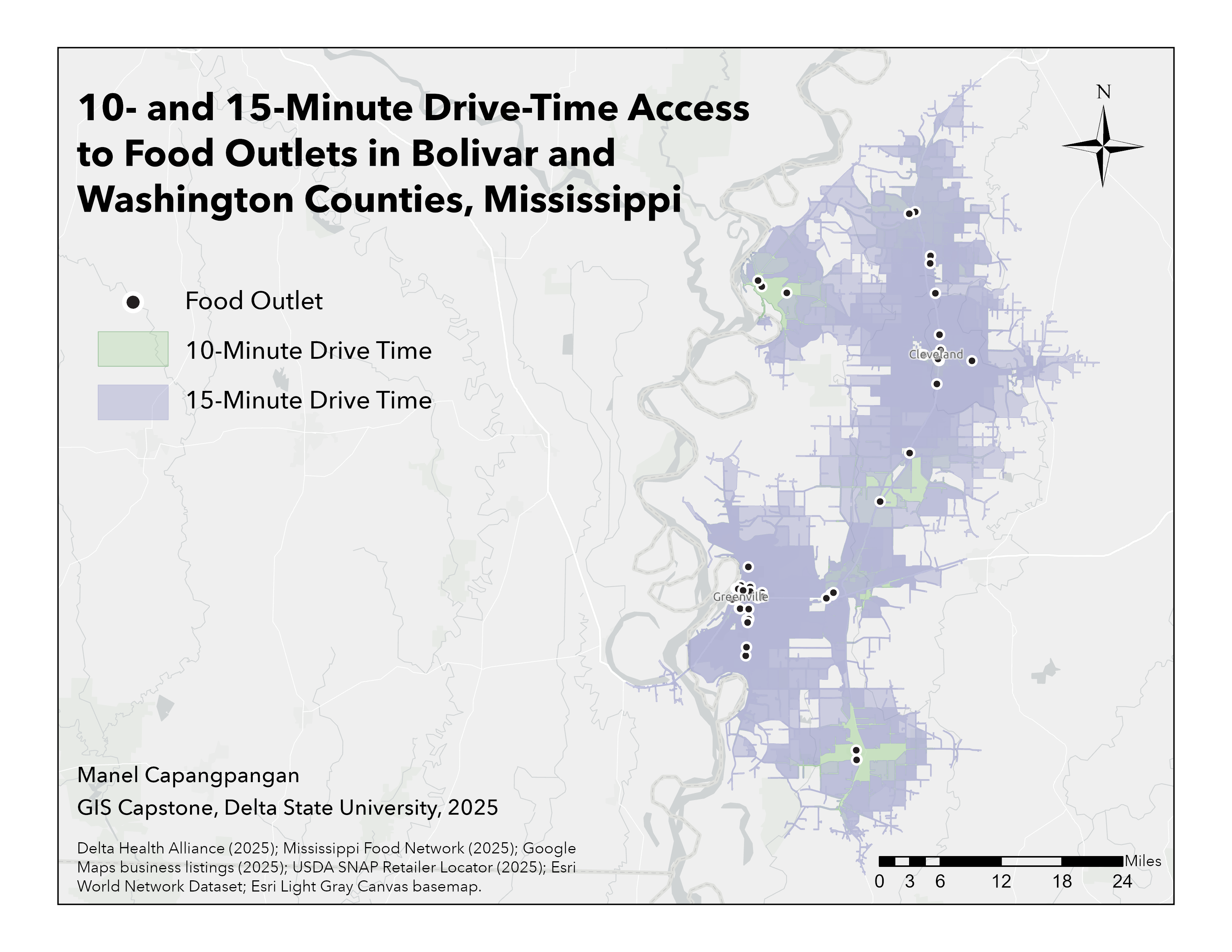 10- and 15-minute drive-time service areas around food outlets
